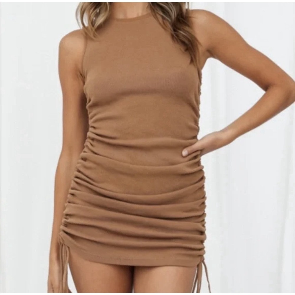 Lioness Women's XS Brown Military Minds‎ Mini Dress Ruched Side Tie Sleeveless